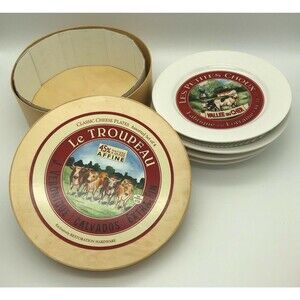 4 Restoration Hardware 8" Cheese Snack Plates 2003 Le Troupeau French Cows NIB